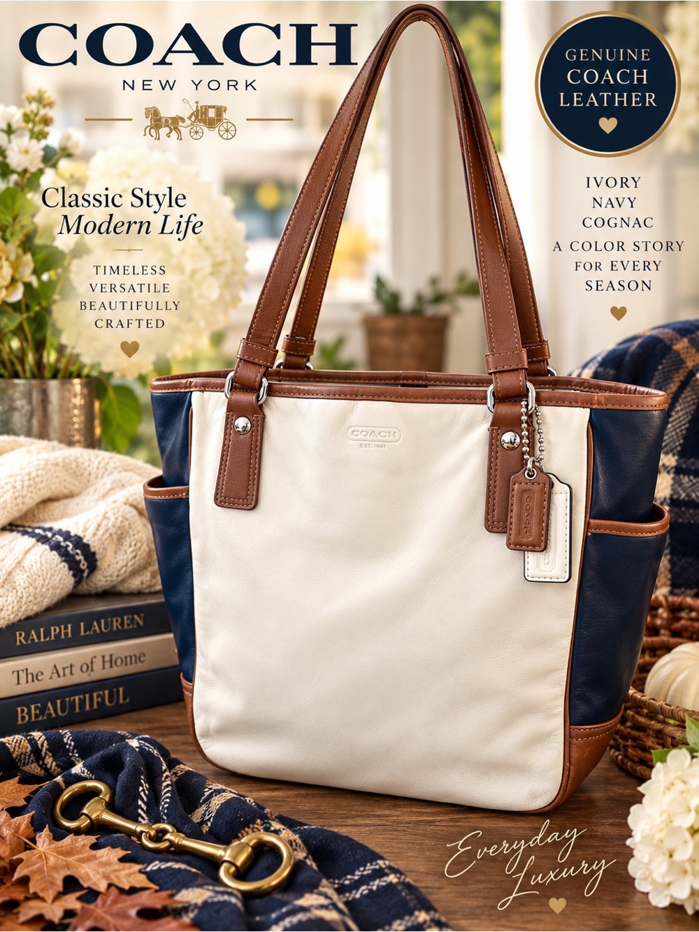 Coach 2012 Park  Ivory, Navy & Cognac Leather Tote - Shoulder Bag F23683 Style